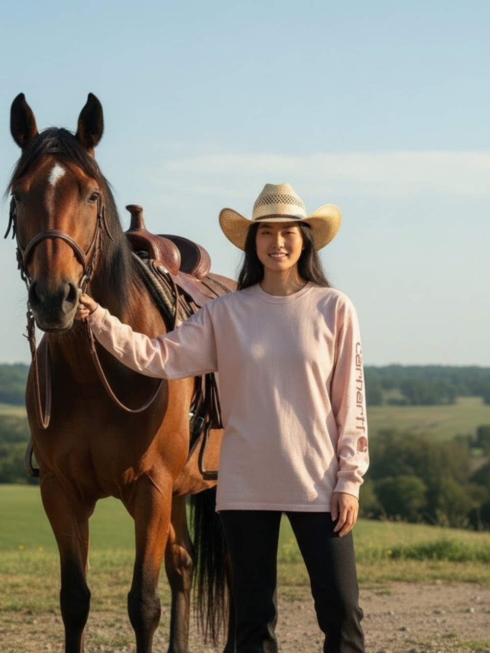 Carhartt Womens Long‎ Sleeve Graphic Logo Sleeve T-Shirt Peach Pink Crew Neck